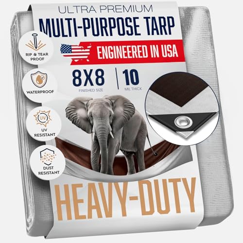 8x8 Heavy Duty Tarp, 10 Mil Thick, Waterproof, Tear & Fade Resistant, High Durability, UV Treated, Grommets Every 18 Inches. (Silver/Brown - Reversible) (8x8) - size: 8x8