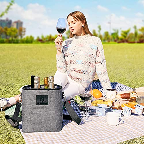 HAMILO 4 Bottle Wine Carrier - Gray, Champagne Carrier Bag, Waterproof Wine Tote Bag with Expandable Zipper and Padded Shoulder, Insulated Wine Bag, Wine Cooler Bag, Wine Accessories Gift for Women