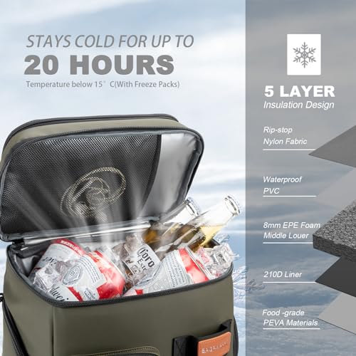 BAGPARKK Insulated Cooler Backpack,33/45 Cans Multifunctional Double Deck Leakproof Cooler Bag with Sternum Strap,Large Capacity Lightweight Travel Camping Beach Backpack - color: Green, size: 33Can