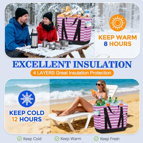 HUANLANG Soft Cooler Bag Insulated for Travel,Large Insulated Grocery Bags with Zippered Top,PEVA Collapsible Food Delivery Cooler Bag for Beach, Travel, Picnics - color: Purple and white stripes
