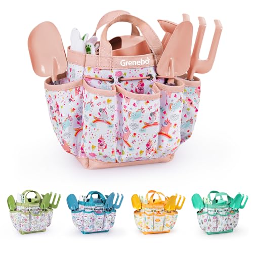 Grenebo Kids Gardening Set Toys, Quality Garden Tool Kit for Kids and Toddlers, Includes Two Shovels, Garden hat,Rake, Apron,Gloves, Watering Can, and Tool Bag (Pink) - color: C-pink