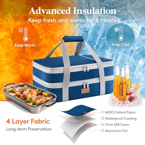 Lifewit Insulated Double Decker Casserole Carrier, Expandable Lasagna Lugger Tote Bag for Hot or Cold Food, Fits 9" x 13" Baking Dish for Potluck Parties, Picnic and Cookouts, Pure Blue - color: Pure Blue
