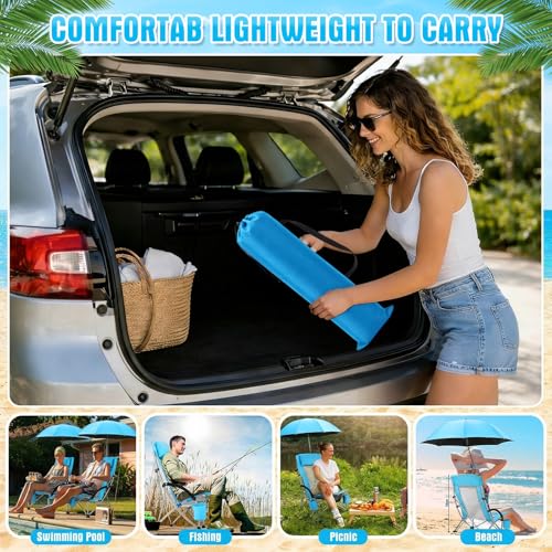 Colingmill 4 Pcs Low Beach Chair with Umbrella Camping Chair Backpack Folding Recliner Mesh Back with Headrest Cup Holder Carry Bag for Summer Tent Picnics Outdoor Travel Barbecues (Sky Blue) - color: Sky Blue