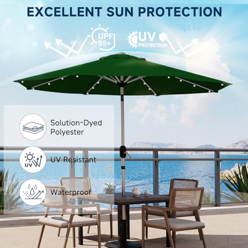 9FT Aluminum Patio Umbrella with 40-LED Solar Lighted, Fade-Resistant Outdoor Market Table Umbrella with Push Button Tilt Function, 8 Sturdy All-Aluminum Ribs for Gardens, Decks, Backyards & Pools - color: Green, size: 9FT 40LED-1Tier (Aluminum Umbrella)