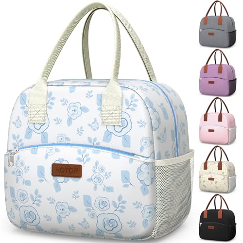 HOTOR Lunch Bag for Women & Men - Wear-Resistant Insulated Lunch Box with Large Capacity, Multi-Functional Cooler Bag for Office, Picnic, White with Blue Flower, 10L,10.60" x 5.90" x 9.50" - color: White with Blue Flower, size: 10L