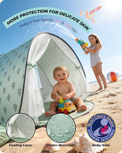 Baby Beach Tent, 2026 Upgrade Pop Up UPF 50+ UV Protection Sun Shelter Canopy with Mosquito Net Portable Outdoor Shade Summer Essentials for Babies & Toddlers - style: Green Leaves