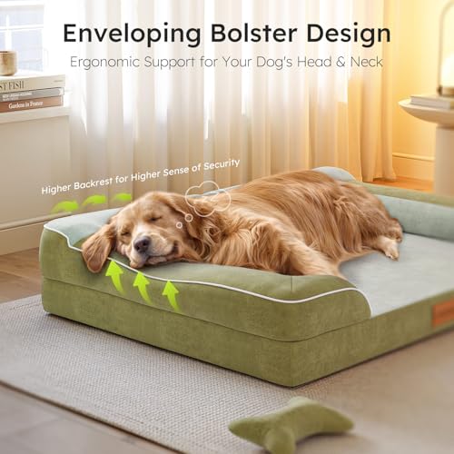 CWAWZ Extra Large Dog Bed, Orthopedic Dog Bed with Cooling Gel Memory Foam, Waterproof XL Pet Bed with Removable Washable Cover, 42" Pet Sofa Couch Dutch Velvet with Bone Toy, Dark Green - color: Dark Green, size: X-Large(42"L x 30"W x 9.5"Th)