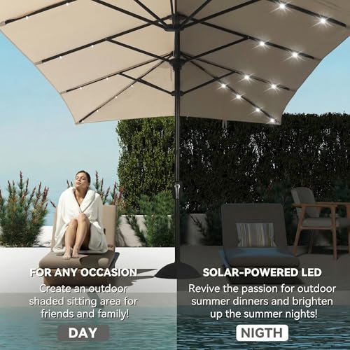 15×15ft Outdoor Patio Umbrella, Double Sided Market Rectangle Umbrella with Crank Handle, Large Sun Shade for Outside Deck, Backyard, Garden - color: Beige with LED lights