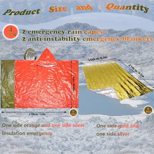 4X Surviv`al Gear kit, Emergency Poncho (2pc), Emergency Space Blanket (2pc), Mylar Liner - Retains 92% Body Heat, Outdoors, Hiking, Camping, Bug Out Bag, Marathons or First Aid, Car (G + O) - color: Multicolor