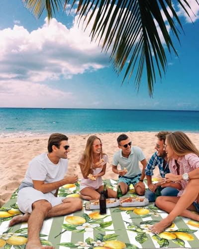 Lemon Beach Blanket Waterproof Sandproof 118"x108", Summer Sage Green Stripes Oversized Beach Mat with 4 Corner Sand Pocket & 4 Stakes, Compact Outdoor Picnic Mat for Camping Travel Festivals - color: Green, size: 118"x108"