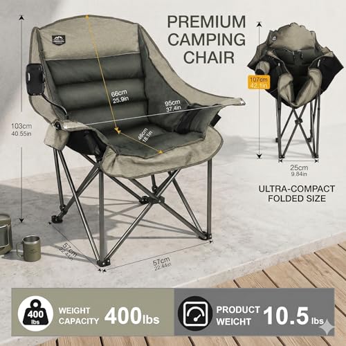 Oversized XL Folding Camping Chair,Heavy Duty Support 400Lbs,Large Comfy Padded Camp Chair for Adults,Lawn Arm Chair w/Cup Holder,Phone Holder,Carry Bag Perfect for Outdoor (Brown - color: Yellow&grey