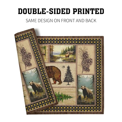 Rustic Lodge Bear Deer Placemats 4 Pcs, Vintage Cabin Pine Cone Plaid Place Mats, Heat Resistant Non Slip Cotton Linen Dining Table Mats Home Kitchen Decor, 18 x 12 Inch - color: Bear Cabin