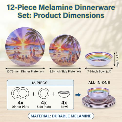 12 Piece Melamine Plates and Bowls Set - Beach Sunset Melamine Dinnerware Set for 4，Unbreakable Dishes Set，Stackable Lightweight Plates & Bowls for Indoor & Outdoor Use，Tropical Sunset - color: Sunset Beach