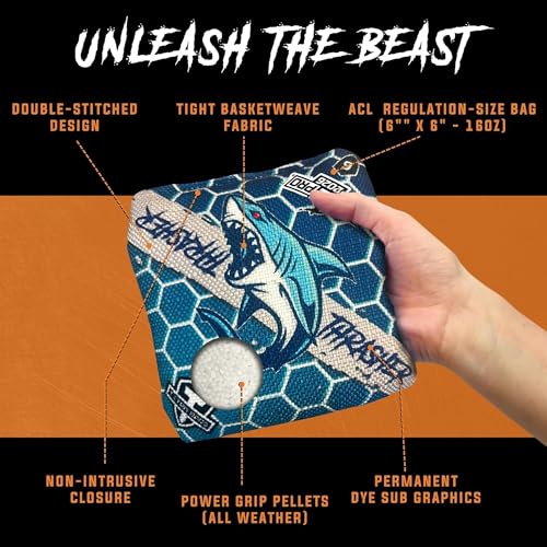 Titan Bags Thrasher Cornhole Bags - 6"x6" ACL PRO Approved Tournament-Grade, Durable Dual-Sided for Precision Shots, All-Weather Power Grip Pellets for Indoor & Outdoor Tossing - Set of 4 - color: Honeycomb Lurking Lagoon