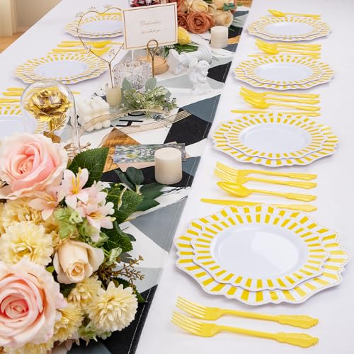 COLOSUS 150pcs Disposable White Lemon Yellow Striped Plastic Party Plates and Silverware set, Yellow Dinner/Dessert Plates silverware 30guests for Easter Birthday Weeding Party and Daily use. - color: white+yellow