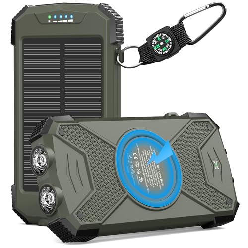 BLAVOR Solar Power Bank 10,000mAh, Portable Wireless Charger, 20W Fast Charging External Battery Pack with USB C for Cell Phones, Solar Panel Charging with Dual Flashlight for Camping - color: Olive Green