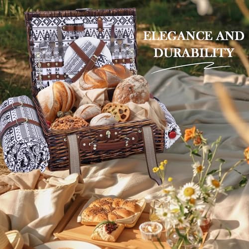 Neti Neti Wicker Picnic Basket for 2 Boho with Insulated Cooler & Waterproof Blanket – Large Willow Picnic Hamper for Outdoor, Camping, Beach, Romantic Dates, Valentine’s Day - color: Boho 4
