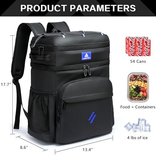 Laripwit Picnic Backpack Cooler Bag - 54 Cans Black Cooler Backpack Insulated Leak-Proof Lunch Backpack with Cooler Compartment Large Double Deck Soft Cooler Bag for Beach,Camping,Travel - color: Black-with Stretchy Strap
