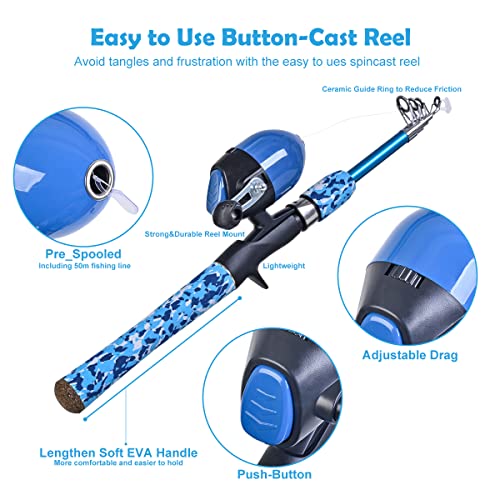 CODEK Kids Fishing Pole Set with Full Starter Kits 2 Set Portable Telescopic Fishing Rod and Spincast Reel Cambos with a Fishing Net and 2 Buckets for Boys Girls and Youth - color: Blue-