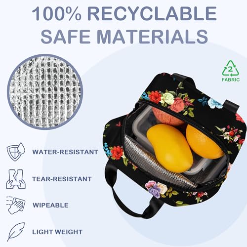 Vintage Rose Peony Poppy Floral Insulated Lunch Bag Reusable Lunch Box Women Men,Cooler Thermal Meal Tote for Kids School Student Picnic Office Work - color: Vintage Rose Peony Poppy Floral