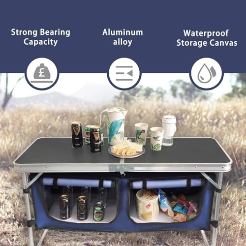 Folding Camping Table with Storage Compartment Aluminum Lightweight Camp Kitchen Table Height Adjustable Indoor/Outdoor Table Perfect for Tailgating, Backyards, BBQ,Picnic, Black - color: Black Standard