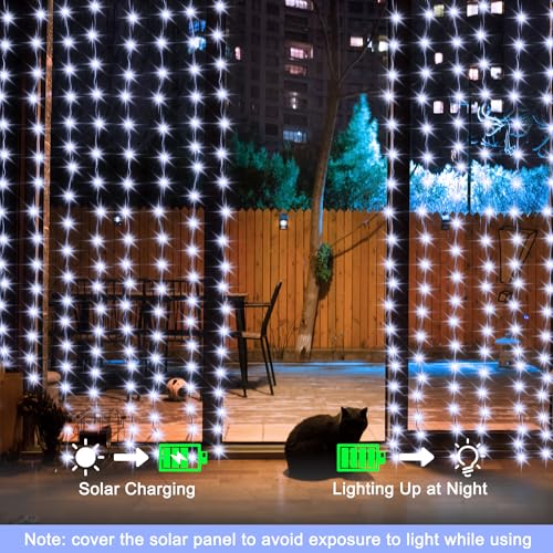 echosari Christmas Curtain Lights Solar Powered 7.9ft x 6ft 144 LED Outdoor Curtain Lights Waterproof with Timer 8 Modes for Christmas Garden Patio Fence Wedding Wall Window Gazebo Decor Cool White - color: Cool White, size: 7.9Ft x 6Ft