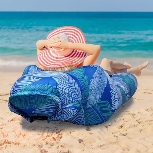Inflatable Couch Air Lounger for Adults, Ultralight Portable Blow up Couch Air Sofa, Inflatable Beach Lounger Bed for Camping Hiking Festival Backyard Lawn, No Pump Required - color: Klein Blue Feather