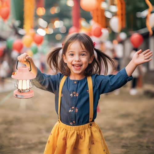 HOMY Pink Retro Kids Camping Lantern, 3-Color Dimmable Portable LED Night Light with Handle, Vintage Decorative Lamp for Toddlers, Gift for Tent, Backyard & Indoor Play - color: Pink
