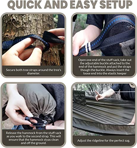 Onewind Camping Hammock, Ultralight Portable Hammock with Adjustable Ridgeline, Outdoor Hammock 20D Ripstop Nylon with 2 * 12Ft Tree Strap, Ideal for Camping, Hiking, Backpacking - color: Od Green-double Layer, size: 11' * 55"