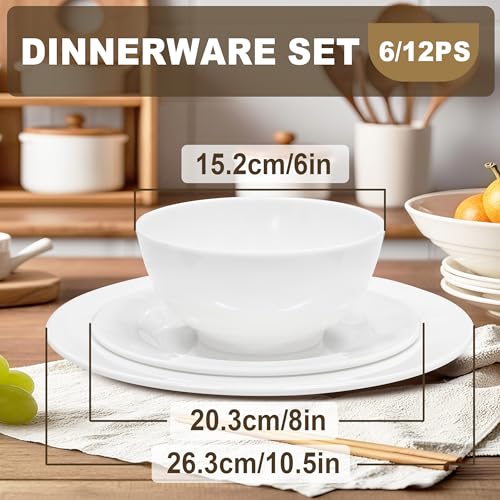 6 Sets Plates And Bowls Set(18 Piece) - Unbreakable Lightweight Dinnerware Set With 26 oz Cereal Bowls 8 inch Dessert Plates 10.5inch Dinner Plates Dishwasher Safe Reusable Gift for Wedding Home - color: Dinner Set White