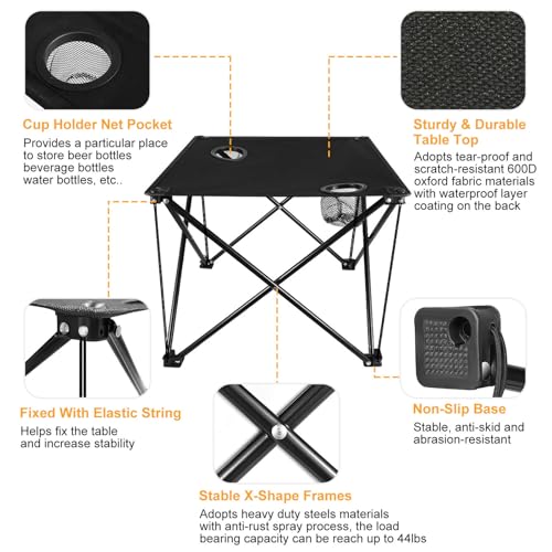 Folding Camping Table, Portable Pinic Table with 2 Cup Holders & Carry Bags, Rollup Camping Table Lightweight Beach Table for BBQ, Camping, Picnic and Indoor Use
