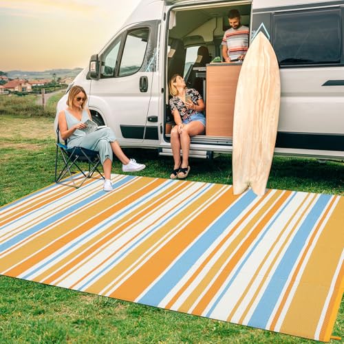 GarveeHome 9x18 Outdoor Rug Geometric Reversible Plastic Straw Outdoor Rugs Colorful Striped Outdoor Carpet UV Resistant Portable Large Rug for Camping Beach Porch RV Deck, Orange Yellow Blue White - color: Geometric Stripes| Orange Yellow Blue White, siz