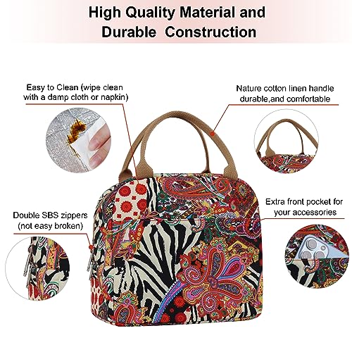 EurCross Aesthetic Lunch Box Bag for Women Daily Use,Boho Stylish Elegant Canvas Insulated Adult Lunch Bento Box Tote Bag - color: Boho-red