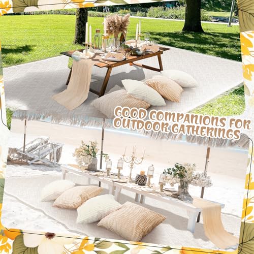 Beeveer 91 x 71 Extra Large Outdoor Boho Picnic Blanket with Beige White Table Runner, 6 Throw Pillow Covers 6 Napkins Woven Cotton Yarn Oversize Beach Blanket Washable Picnic Camp Wedding - color: Beige White
