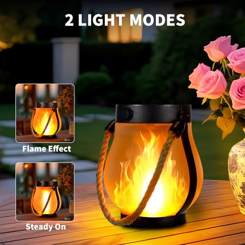 2 Pack Solar Flame Lantern Lights — Flickering Flame Hanging Lanterns Outdoor, Waterproof Garden Lights with 2 Modes Dual Charging USB & Solar Yard, Patio Decor