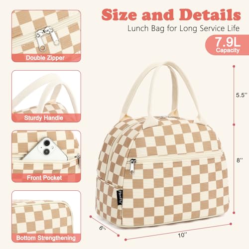 FlowFly Lunch Bag for Women Insulated Lunch Box Corduroy Lunch Tote Cooler for Travel Work Picnic,Corduroy Plaid Khaki - color: Corduroy Plaid Khaki