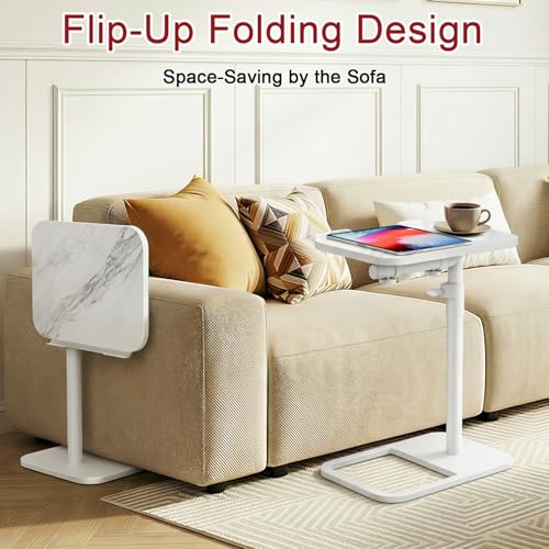 GOYLSER Adjustable Height Sofa C Table, 360° Swivel/180° Flip-Over Panel Side Table with Tablet Slots for Small Spaces, Morden TV Tray Couch Tables for Dinner Eating (White Marble) - color: White Marble, style: Tilt C Table