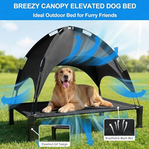 Elevated Dog Bed with Canopy Raised Pet Cot for Large Dogs, Outdoor Dog Cot with Removable Sun Shade Tent, Breathable Mesh Portable Dogs Cot for Camping, Beach, Backyard, Outdoor Use - color: Black, size: 60"L x 36"W x 49"H