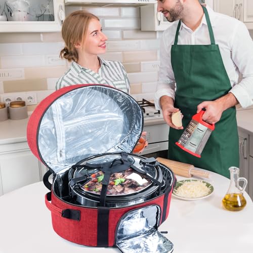 Insulated Slow Cooker Carrying Bag for 6-8 Quart CrockPot and Hamilton Beach Slow Cooker with See-thought Window, Portable Carrier Case with Adjustable Band and Accessory Pocket - color: Red