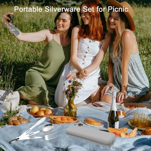 Travel Utensils Set with Silicone Case, Stainless Steel Silverware Set for Work Lunch Camping Picnic, Portable Cutlery Set on the Go, Easy to Clean (Grey) - color: Gray