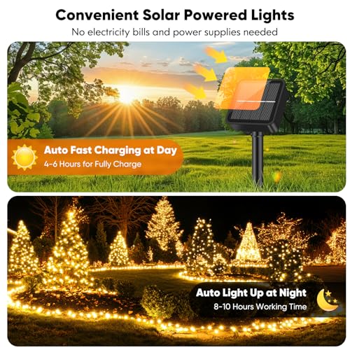 Brightever Solar String Lights for Outside, 46FT 120LED Solar Lights Outdoor Waterproof with 8 Lighting Modes, Christmas Light for Patio, Yard, Tree, Garden, Wedding, Party Decorations, Warm White - color: Warm White, size: 1-Pack（46FT 120LED）