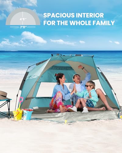 OutdoorMaster Beach Tent Sun Shelter for 3-4 Person, Pop Up Beach Tent Easy Setup with Sandbags, Portable Sun Shade Canopy with Carrying Bag for Beach & Outdoor, UPF50+ UV Protection, Family Size - color: Cancun Seashore, size: X-Large