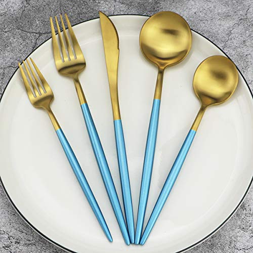 20-Piece 18/10 Stainless Steel Flatware Silverware, Luxury Dinnerware Set Travel Cutlery Tableware Include Knife Fork Spoon Service for 4, Dishwasher Safe (Blue Handle Matte Gold) - color: Blue Handle Gold, size: Service for 4