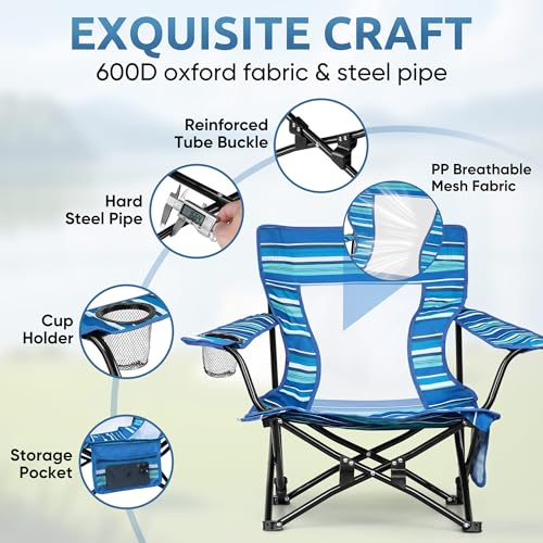 HaSteeL Folding Beach Chair Set of 2, Foldable Striped Camping Chairs for Outside, Low Beach Chair Portable for Adults Fishing, Picnic, Outdoor BBQ, Travel, Sports, Cup Holder & Storage Bag - color: Striped Chairs