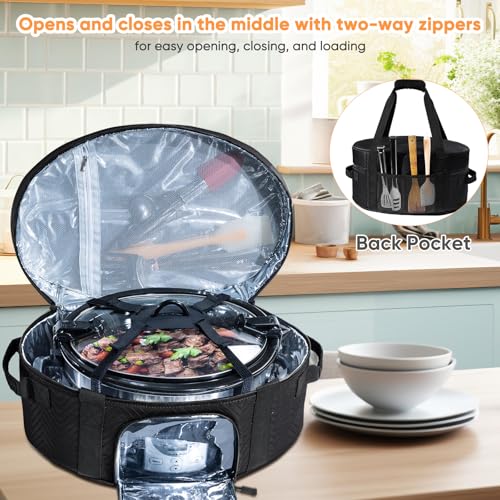 Insulated Slow Cooker Carrying Bag for 6-8 Quart CrockPot and Hamilton Beach Slow Cooker with See-thought Window, Portable Carrier Case with Adjustable Band and Accessory Pocket - color: Black