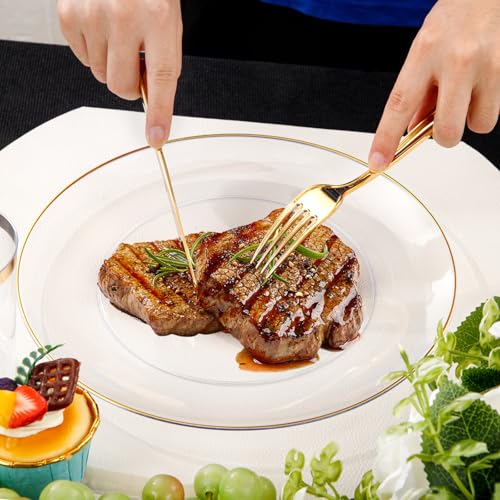 Supernal 350PCS Clear and Gold Plastic Dinnerware Set Include Clear Disposable Plates, Gold Plastic Silverware Heavy Duty, Cups and Napkins for Birthday, Weddings, Parties - color: 350pcs Clear Plastic Plates with Gold Rim
