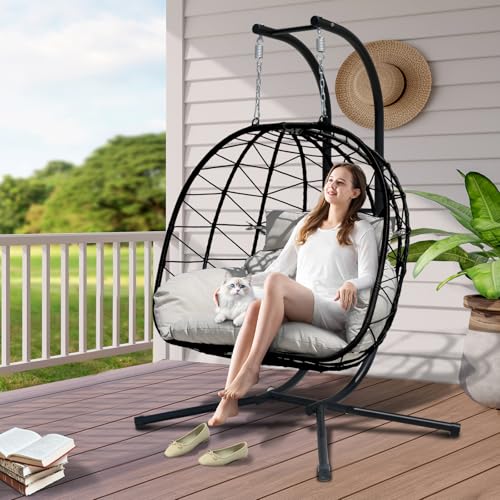 Double Egg Swing Chair with Stand - 2 Person Hammock Egg Chair for Outdoor, Patio, Garden & Balcony - Heavy-Duty Steel Frame, All-Weather Pe Rattan & Uv-Resistant Cushions (Black) - color: Black
