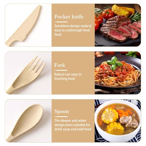 4 Pack Travel Utensil Set with Case, Reusable Spoon Knife Forks Tableware, Portable Cutlery for Adult Travel Picnic Camping or Birthday, Anniversary Use (Beige)