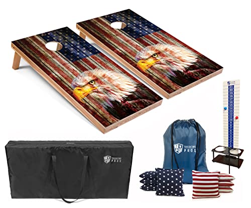 Tailgating Pros Cornhole Boards - 4'x2' Regulation Boards w/Carrying Case, Score Keeper, & Set of 8 Corn Filled Bags w/Tote - size: 4'x2' Boards, style: Patriotic Eagle US Flag