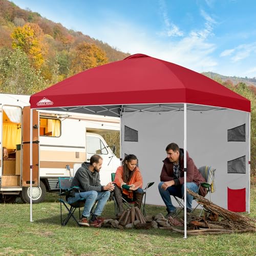 EAGLE PEAK Commercial Canopy 10x10 with Sidewall Storage, Easy OnePerson Setup Pop Up Canopy Tent with Roller Bag, Stakes, Ropes, and Weight Bags, Red - color: Red